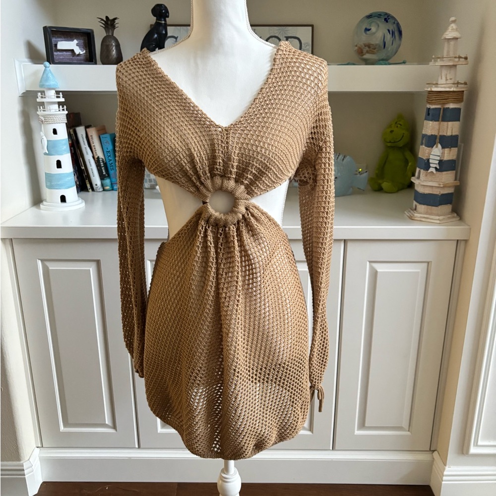 Waffle Knit Cutout Mini Dress in Tan